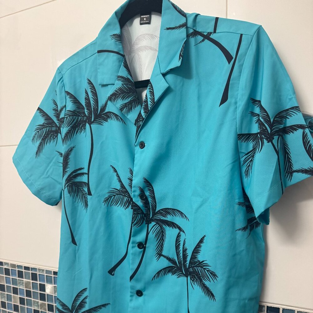 Men’s Teal Palm Tree Button-Up Shirt | Tropical Print | Size M (NWOT)